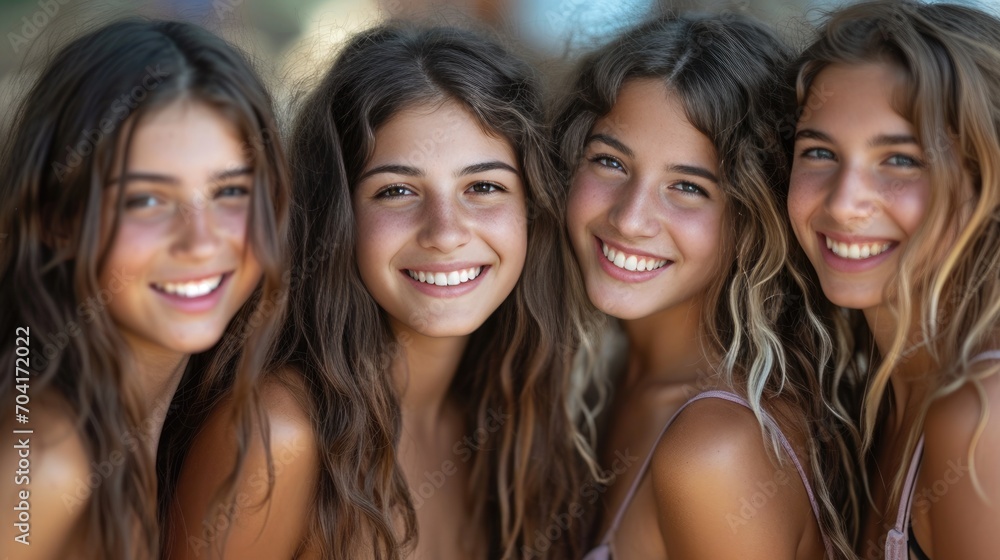 Pretty smiling  teenage girls posing at the beach looking at the camera - obrazy, fototapety, plakaty 