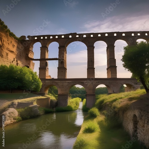 An ancient Roman aqueduct with arches spanning across the landscape1