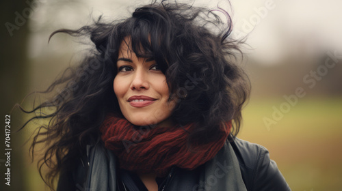 Outdoor close-up portrait of a beautiful mature brunette woman smiling broadly and looking to camera, posing against nature background in the park. Pretty female walking in park.