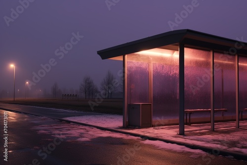 An empty bus stop at night with a glowing pink light inside