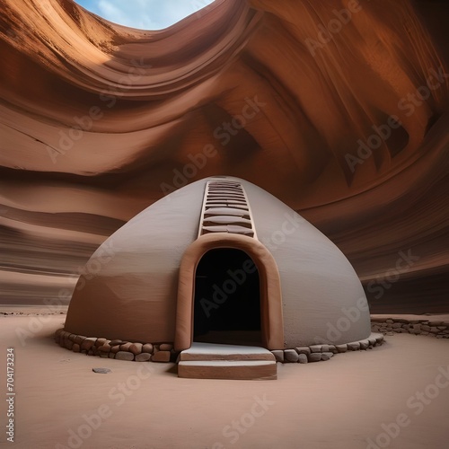 A traditional Native American earth lodge with a domed structure2 photo