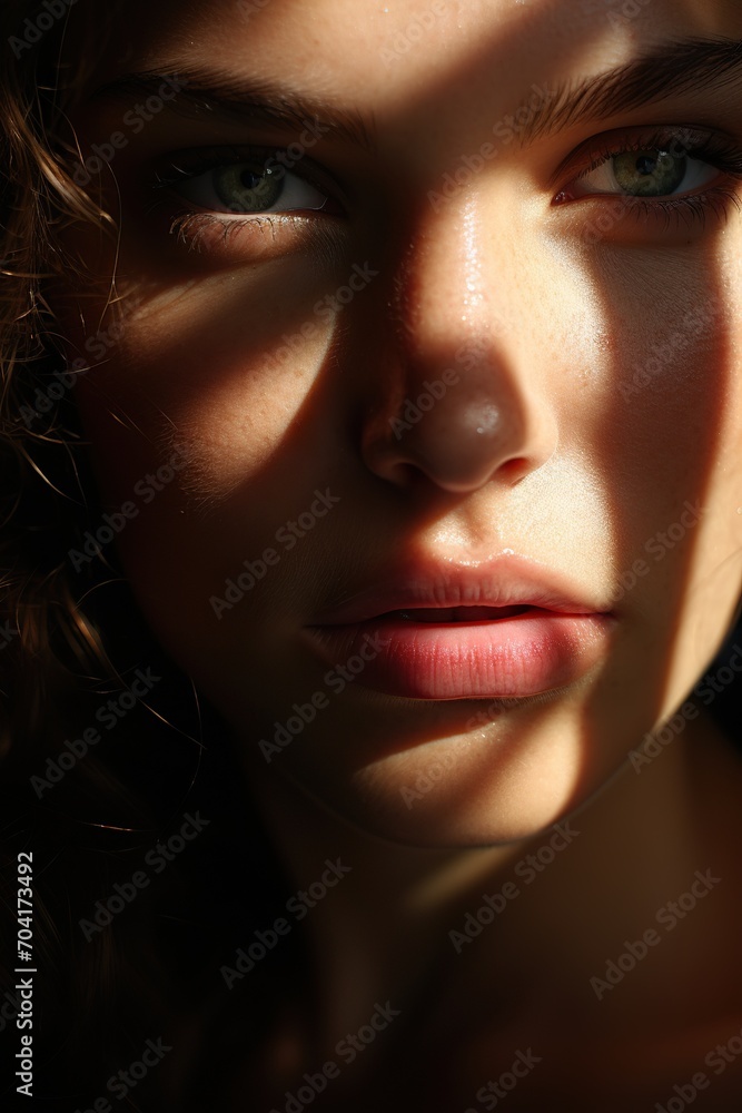 close - up portrait. Striking Eyes. Pouty lips. Face of a beautiful woman. interplay of light and shadow