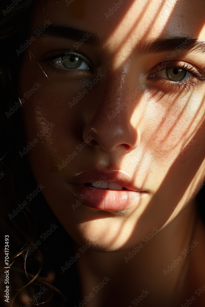close - up portrait. Striking Eyes. Pouty lips. Face of a beautiful woman. interplay of light and shadow close - up portrait. Striking Eyes. Pouty lips. Face of a beautiful woman. interplay of light and shadow