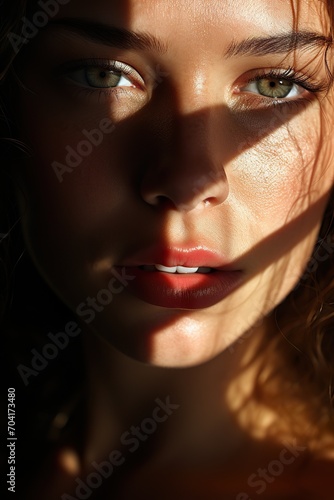 close - up portrait. Striking Eyes. Pouty lips. Face of a beautiful woman. interplay of light and shadow