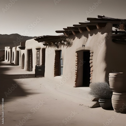 A traditional Native American pueblo with adobe buildings and communal spaces1