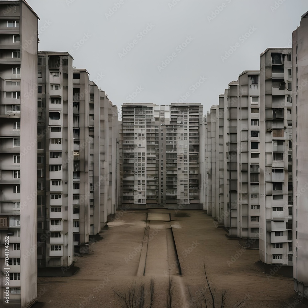 A Soviet-era housing block with identical concrete apartments stretching into the distance2