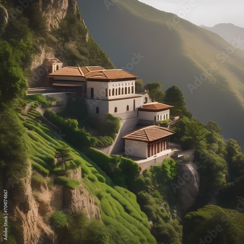 A cliffside monastery with terraced gardens and breathtaking views3