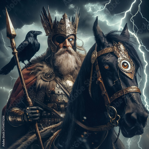 The great Nordic one-eyed god Odin with his ravens Huginn Muninn. Sleipnir. God of wisdom  healing  death  battle and knowledge. Ancient Norse mythology. Scandinavian. Germanic paganism. Generative AI