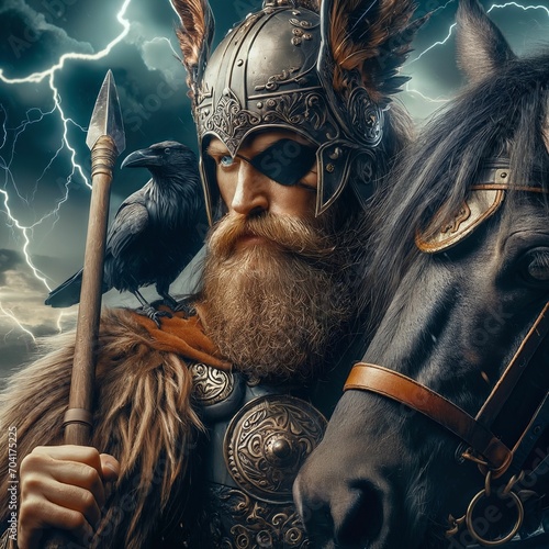 The great Nordic one-eyed god Odin with his ravens Huginn&Muninn. Sleipnir. God of wisdom, healing, death, battle and knowledge. Ancient Norse mythology. Scandinavian. Germanic paganism. Generative AI photo