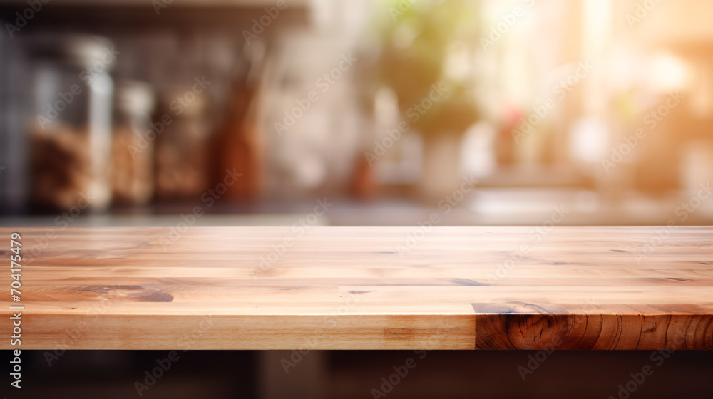 Empty wooden tabletop with blurred background for product display or visual composition layout