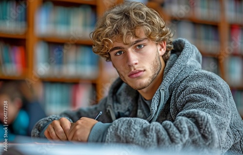 a male college student working on his maths and geometry homework in the library.