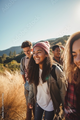 Group of diverse friends hiking in the countryside