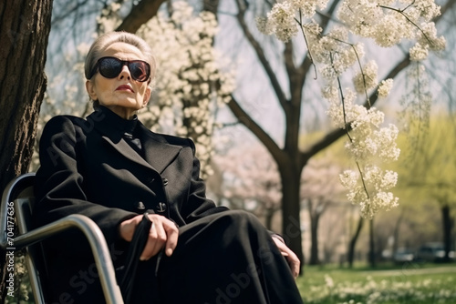 An elderly blind woman in black is relaxing in a blooming spring garden