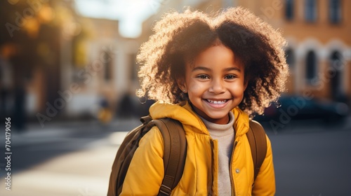 Portrait of a happy African American school girl with curly hair wearing a yellow jacket and backpack