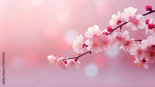 Horizontal banner with pink cherry blossoms on bright background. Beautiful nature spring background with cherry blossom branch. Copy space for text - generative ai © Nia™