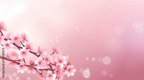 Horizontal banner with pink cherry blossoms on bright background. Beautiful nature spring background with cherry blossom branch. Copy space for text - generative ai