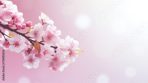 Horizontal banner with pink cherry blossoms on bright background. Beautiful nature spring background with cherry blossom branch. Copy space for text - generative ai © Nia™