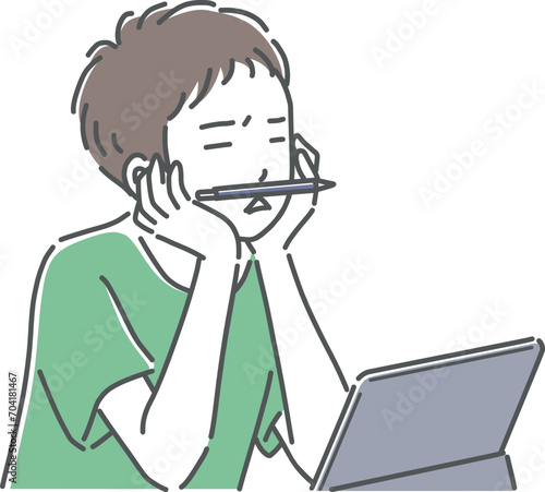タブレットを使って考え事をする男の子のイラスト素材