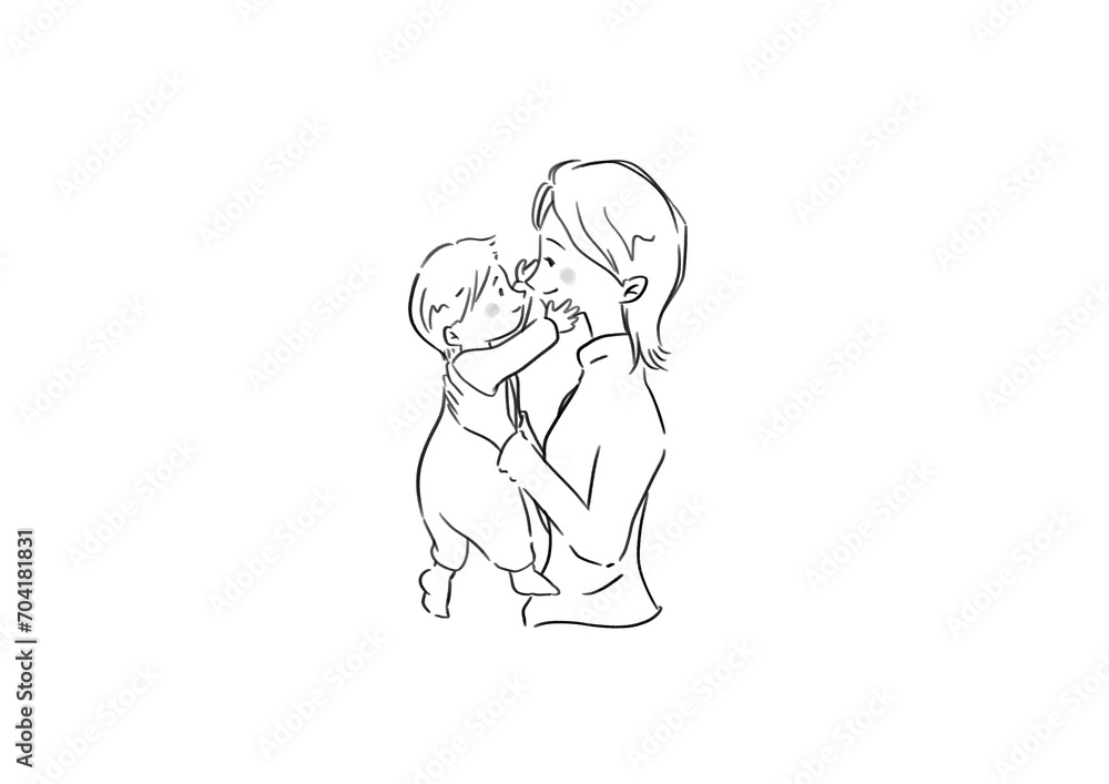 赤ちゃんを抱く女性の白黒イラスト