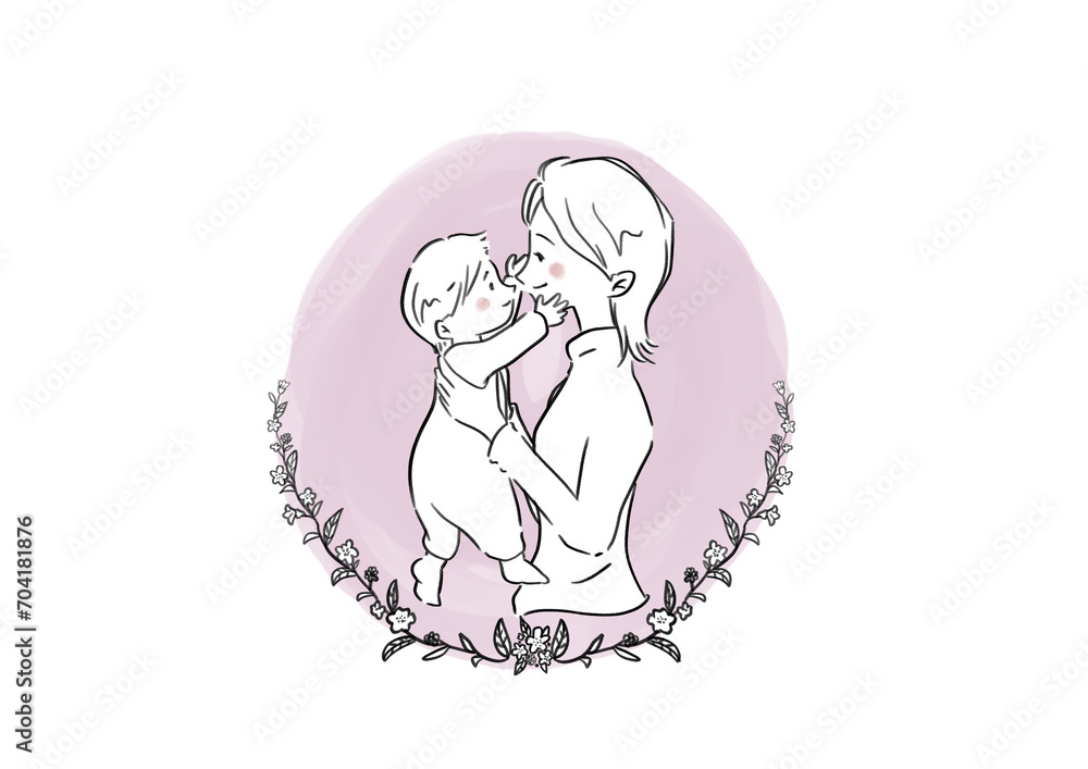 赤ちゃんを抱く女性と草花の水彩イラスト