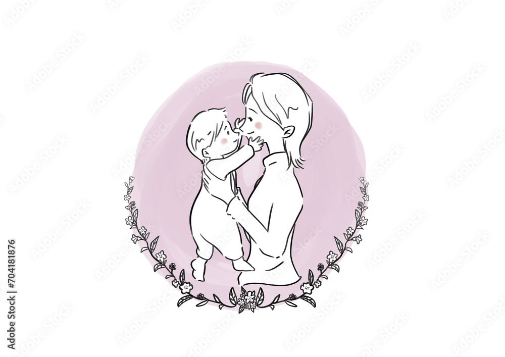 赤ちゃんを抱く女性と草花の水彩イラスト 赤ちゃんを抱く女性と草花の水彩イラスト