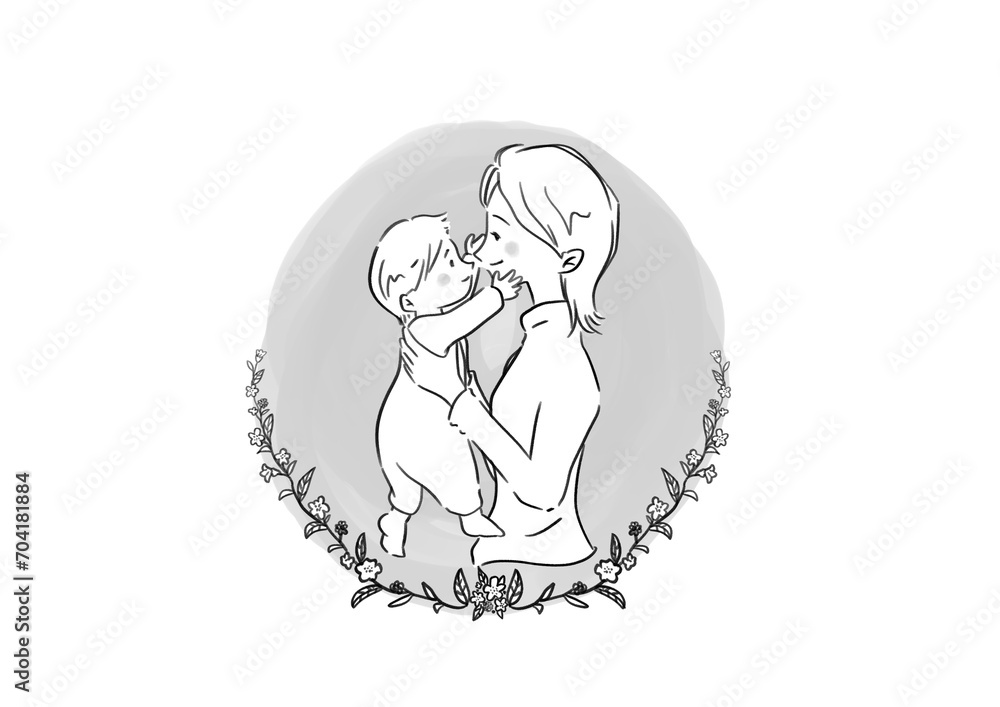 赤ちゃんを抱く女性と草花の白黒イラスト
