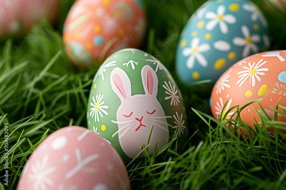 Close up view, group of Colourful easter eggs with rabbit pattern for easter holiday on the grass. Close up view, group of Colourful easter eggs with rabbit pattern for easter holiday on the grass.