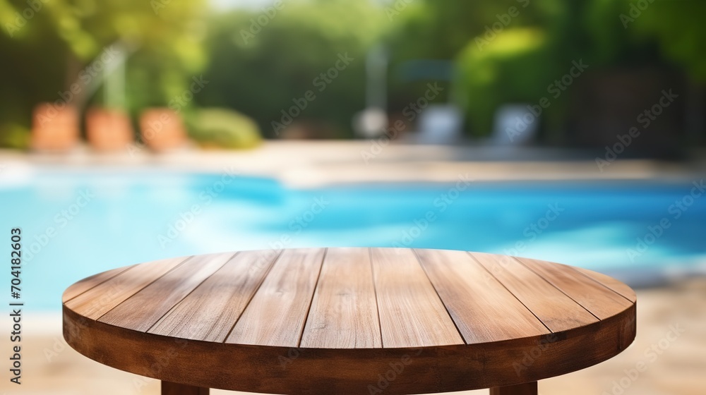 Wooden Table by the Tranquil Poolside