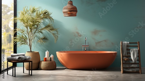 Bathroom interior with a large orange bathtub