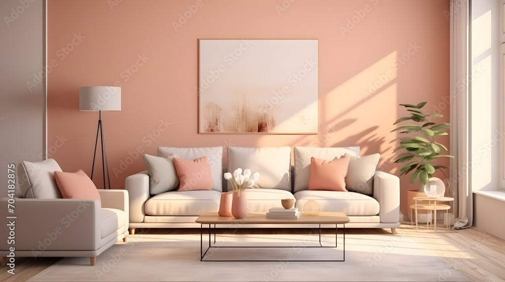 Modern living room interior of the room in peach fuzz colors. The design of a spacious bright house in a velvety delicate shade of peach tone. - obrazy, fototapety, plakaty 