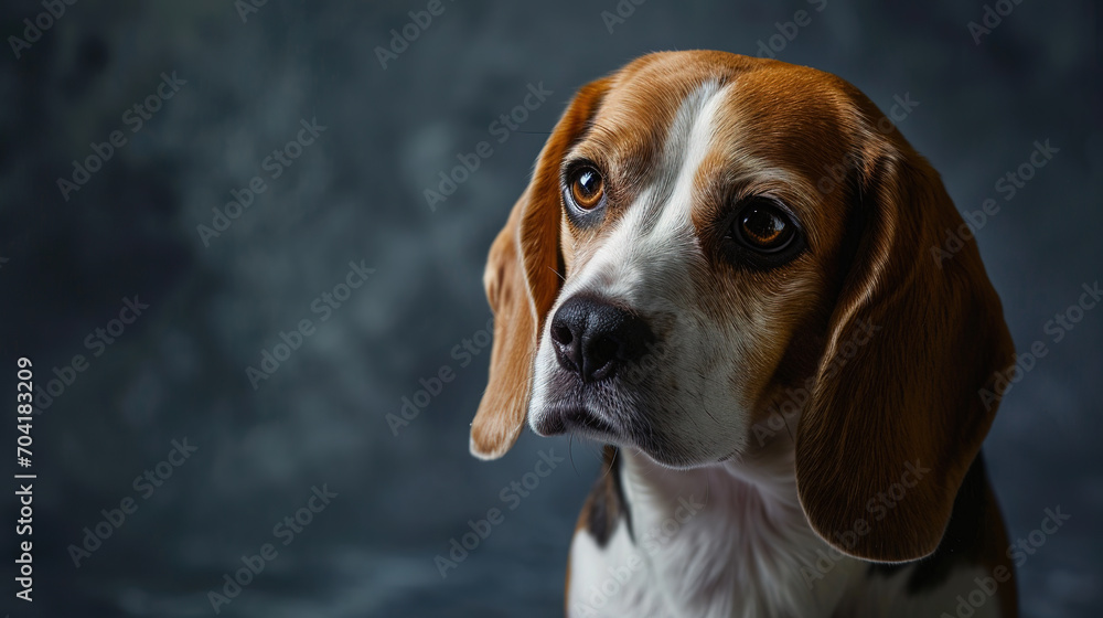 Close-up portrait of cool looking beagle dog isolated on dark background with copy space.