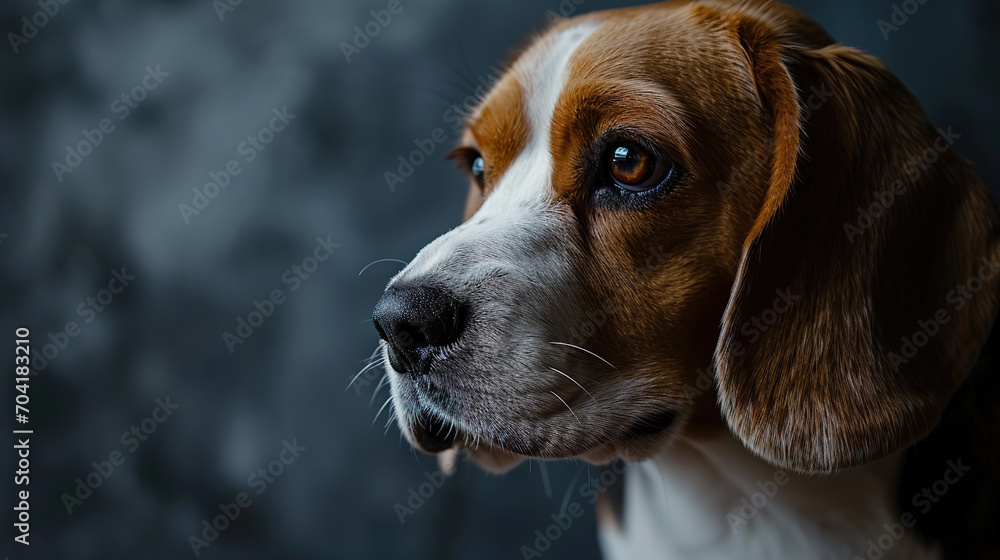 Close-up portrait of cool looking beagle dog isolated on dark background with copy space.