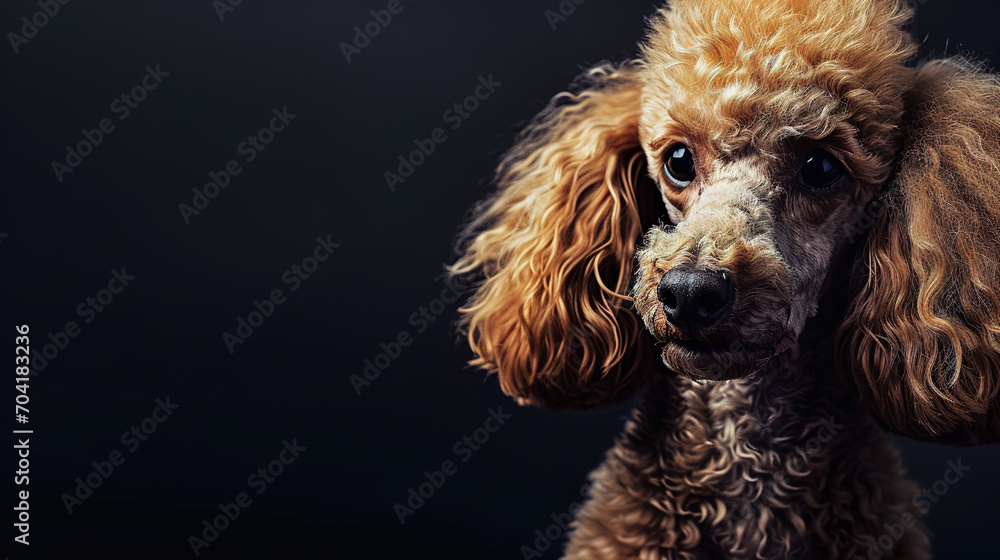 Close-up portrait of cool looking poodle dog isolated on dark background with copy space. Close-up portrait of cool looking poodle dog isolated on dark background with copy space.