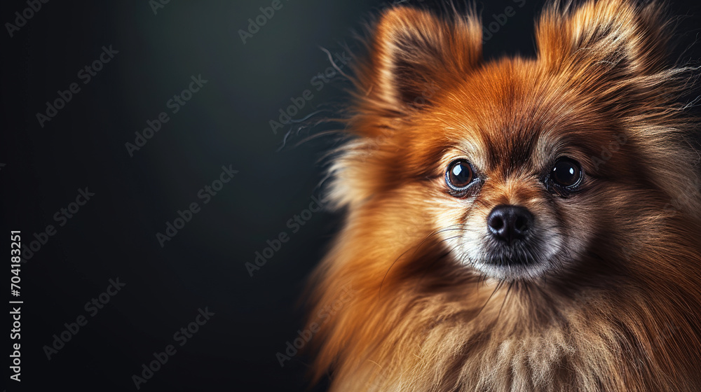 Close-up portrait of cool looking pomeranian dog isolated on dark background with copy space.