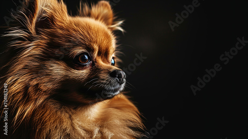 Close-up portrait of cool looking pomeranian dog isolated on dark background with copy space. © Tepsarit