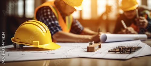 The engineer and foreman pointed to the building construction drawing on the table containing the construction helmet photo