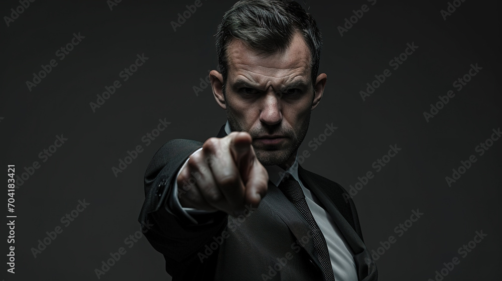 cool looking angry man wearing suit and tie, pointing finger toward camera on dark background. Angry businessman. cool looking angry man wearing suit and tie, pointing finger toward camera on dark background. Angry businessman.