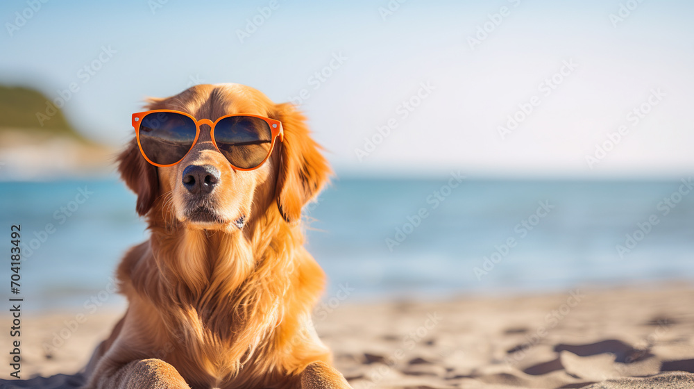 cool looking golden retriever dog wearing sunglasses at the beach, Funny and adorable dog during summer time.