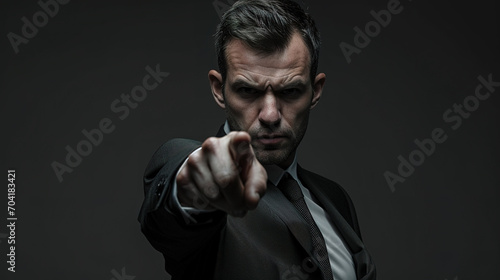 cool looking angry man wearing suit and tie, pointing finger toward camera on dark background. Angry businessman.