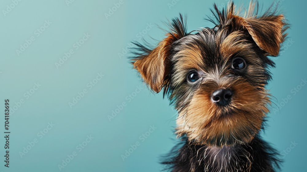 Adorable yorkshire terrier puppy with curious questioning face isolated on light blue background with copy space.