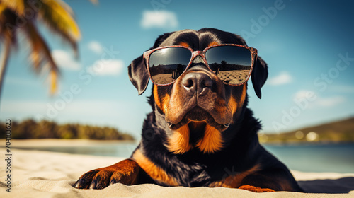 cool looking rottweiler dog wearing sunglasses at the beach, Funny and adorable dog during summer time.