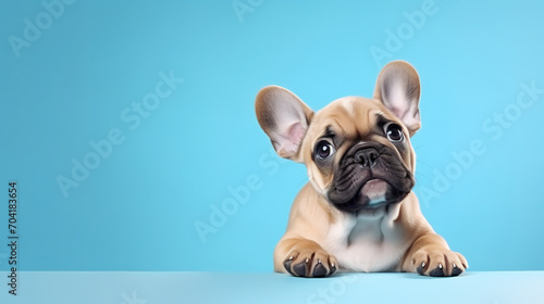 Adorable french bulldog puppy with curious questioning face isolated on light blue background with copy space. © Tepsarit