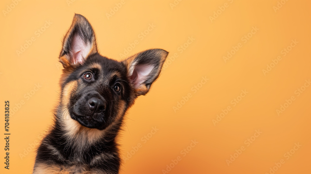 Adorable german shepherd puppy with curious questioning face isolated on light blue background with copy space. - obrazy, fototapety, plakaty 