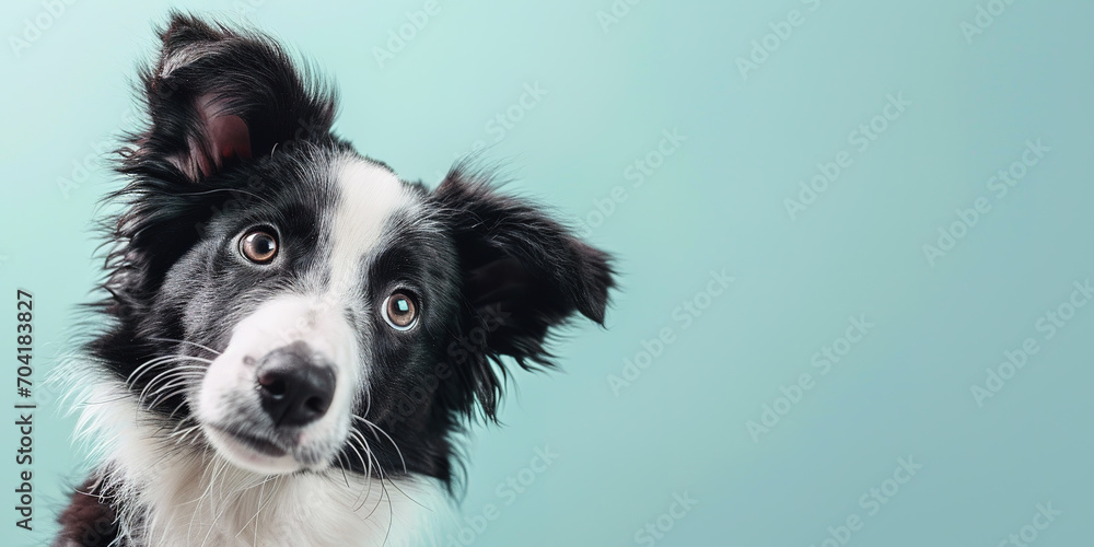 Adorable border collie puppy with curious questioning face isolated on light blue background with copy space.