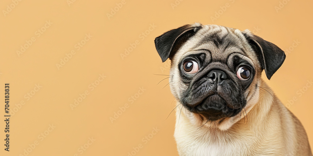Adorable pug puppy with curious questioning face isolated on light blue background with copy space. Adorable pug puppy with curious questioning face isolated on light blue background with copy space.