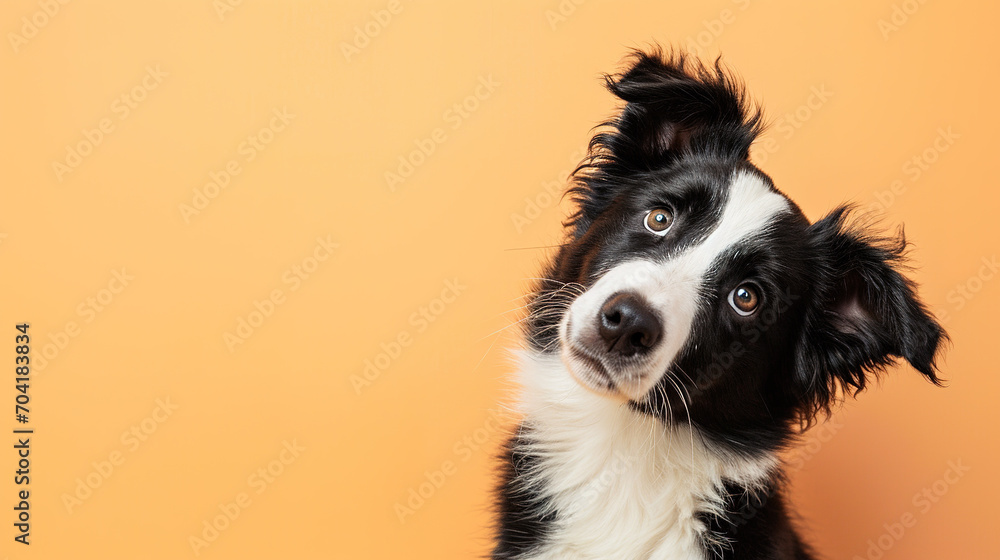 Adorable border collie puppy with curious questioning face isolated on light blue background with copy space. Adorable border collie puppy with curious questioning face isolated on light blue background with copy space.