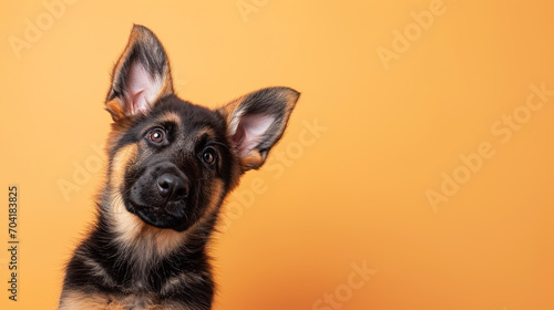 Adorable german shepherd puppy with curious questioning face isolated on light blue background with copy space. photo