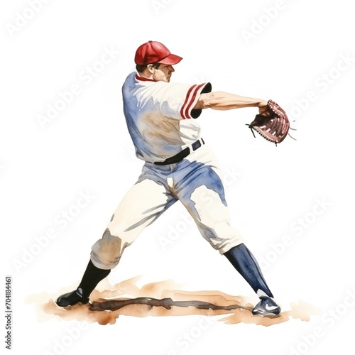 A watercolor painting of a baseball pitcher in mid-windup