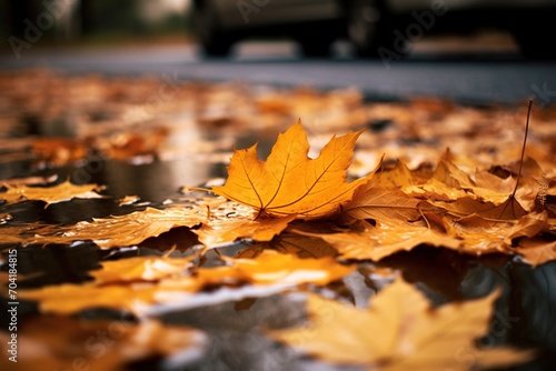 fallen leaves on wet asphalt in autumn