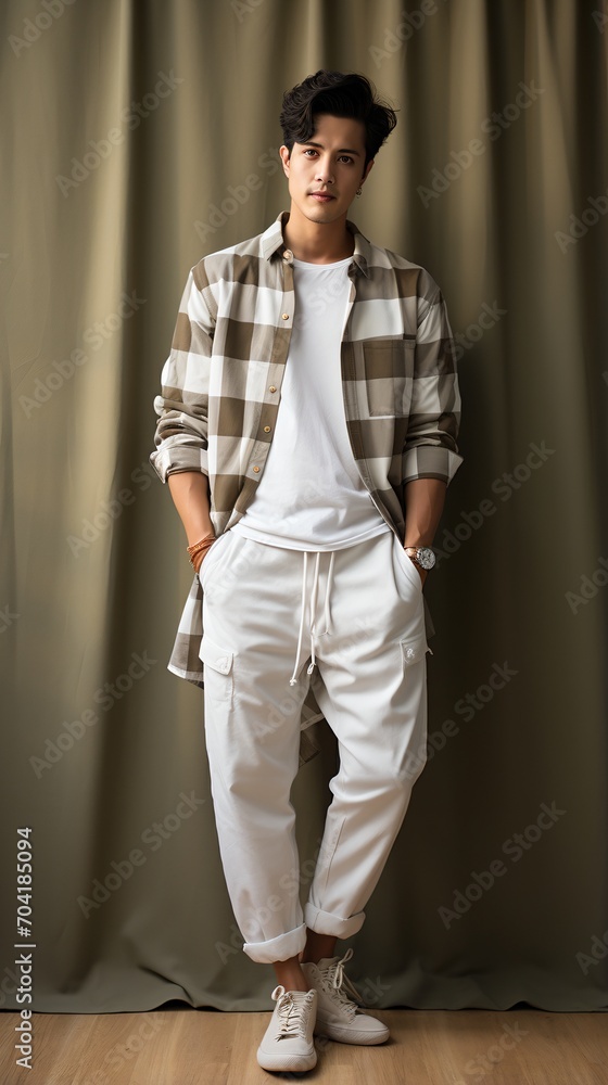 Asian man wearing a white shirt and brown pants Asian man wearing a white shirt and brown pants